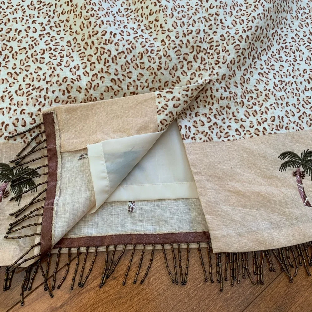 Silk Club Linen Leopard Pencil Skirt with Palm Tree Border and Beaded Hem